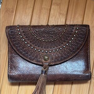 Patricia Nash Dark Brown Embossed Leather Studded Clutch with Tassel